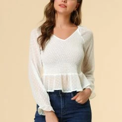 Allegra K Women's Smocked Peplum Crop Top V-Neck Chiffon Ruffle Swiss Dots Blouse