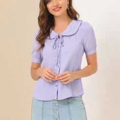 Allegra K Women's Ruffle Collar Work Office Short Sleeve Shirt Top 11 Allegra K Women's Ruffle Collar Work Office Short Sleeve Shirt Top