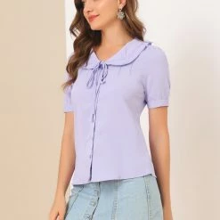 Allegra K Women's Ruffle Collar Work Office Short Sleeve Shirt Top 13 Allegra K Women's Ruffle Collar Work Office Short Sleeve Shirt Top