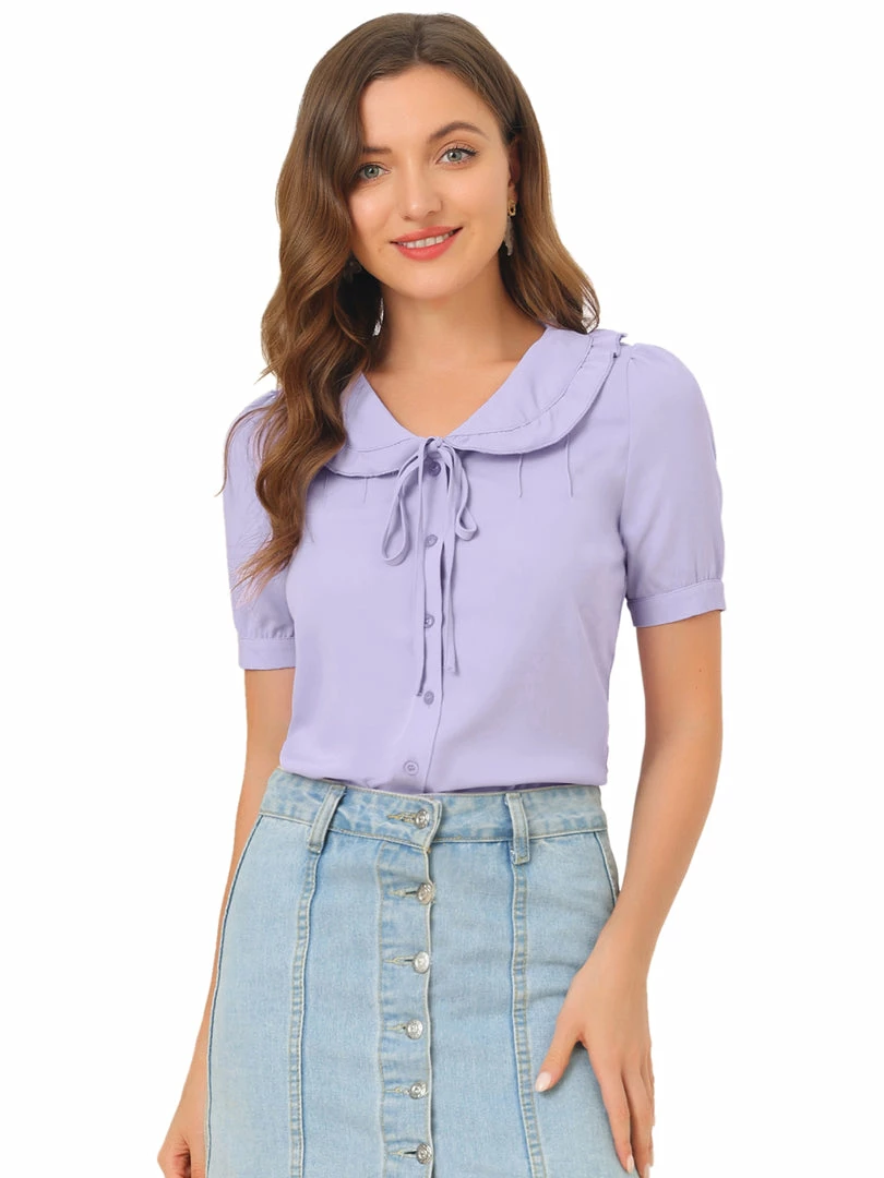 Allegra K Women's Ruffle Collar Work Office Short Sleeve Shirt Top 4 Allegra K Women's Ruffle Collar Work Office Short Sleeve Shirt Top