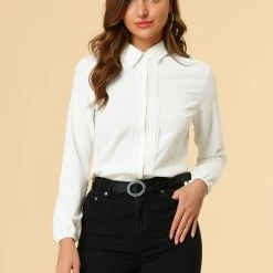 Allegra K Women's Turn Down Collar Button Up Lace Decor Long Sleeve Shirt