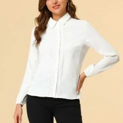 Allegra K Women's Turn Down Collar Button Up Lace Decor Long Sleeve Shirt