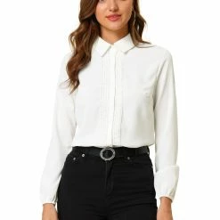 Allegra K Women's Turn Down Collar Button Up Lace Decor Long Sleeve Shirt