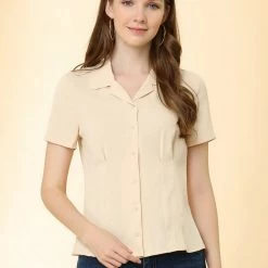 Allegra K Women's Summer Work Blouse Lapel Collar Short Sleeve Button Down Shirt 11 Allegra K Women's Summer Work Blouse Lapel Collar Short Sleeve Button Down Shirt