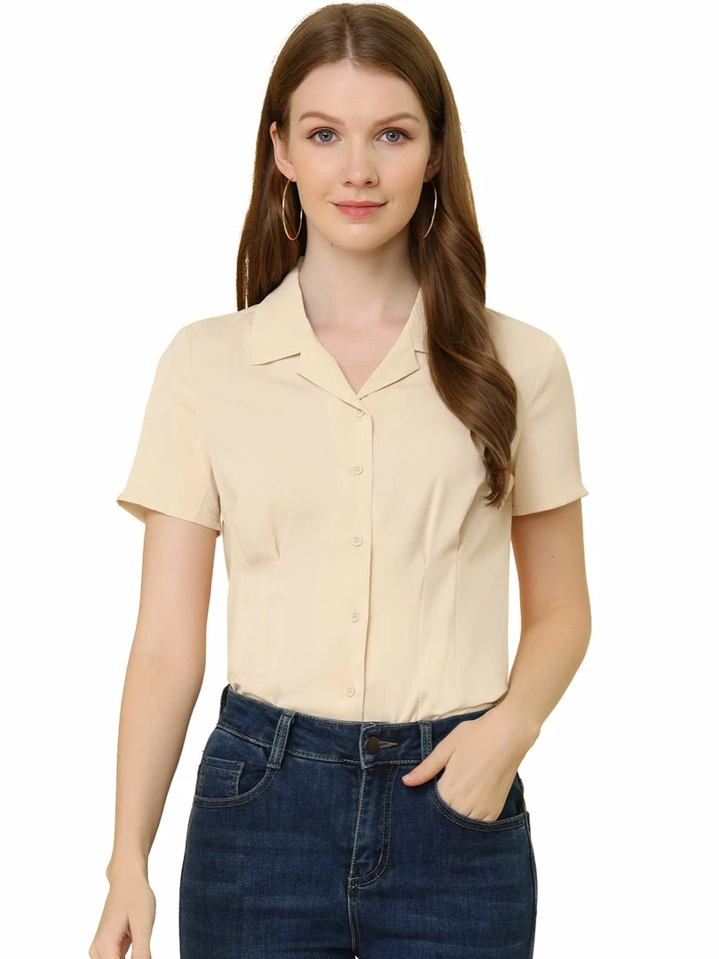 Allegra K Women's Summer Work Blouse Lapel Collar Short Sleeve Button Down Shirt 4 Allegra K Women's Summer Work Blouse Lapel Collar Short Sleeve Button Down Shirt