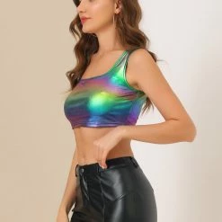 Allegra K Women's U Neck Sleeveless Party Clubwear Shiny Metallic Crop Top