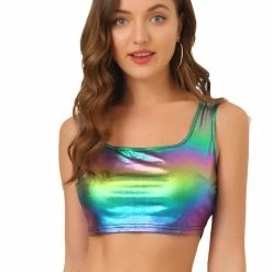 Allegra K Women's U Neck Sleeveless Party Clubwear Shiny Metallic Crop Top
