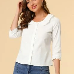 Allegra K Women's Peter Pan Collar Elegant Top 3/4 Sleeve Button Front Work Shirt 10 Allegra K Women's Peter Pan Collar Elegant Top 3/4 Sleeve Button Front Work Shirt