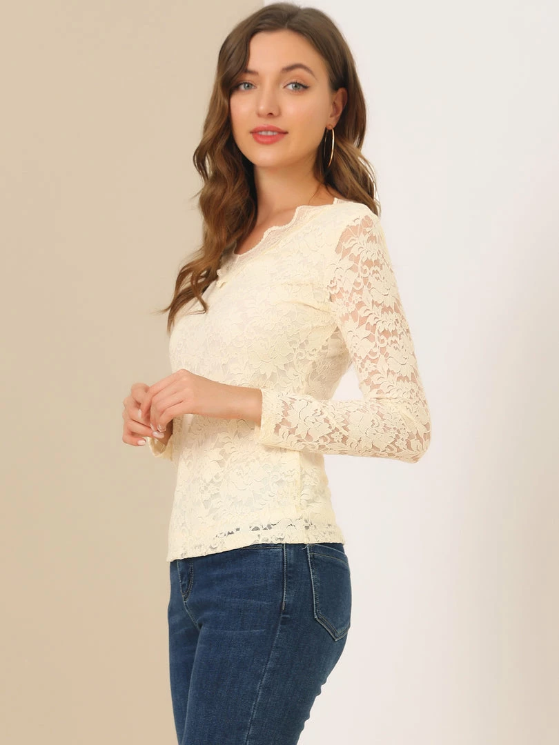 Allegra K Women’s Floral Lace Shirt Top V-Neck Long Sleeve Lace Scalloped Trim Blouse 17 Allegra K Women’s Floral Lace Shirt Top V-Neck Long Sleeve Lace Scalloped Trim Blouse
