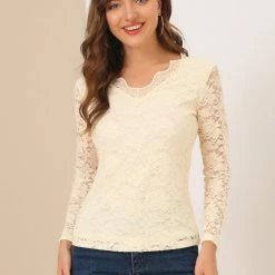 Allegra K Women’s Floral Lace Shirt Top V-Neck Long Sleeve Lace Scalloped Trim Blouse 37 Allegra K Women’s Floral Lace Shirt Top V-Neck Long Sleeve Lace Scalloped Trim Blouse