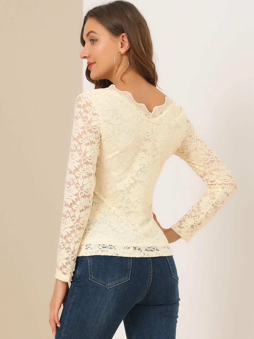 Allegra K Women’s Floral Lace Shirt Top V-Neck Long Sleeve Lace Scalloped Trim Blouse 20 Allegra K Women’s Floral Lace Shirt Top V-Neck Long Sleeve Lace Scalloped Trim Blouse