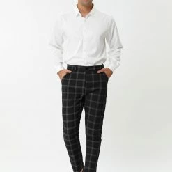 Allegra K Men's Dress Plaid Slim Fit Flat Front Business Pencil Pants With Pockets