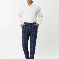 Allegra K Men's Dress Plaid Slim Fit Flat Front Business Pencil Pants With Pockets