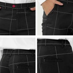 Allegra K Men's Business Checked Trousers Slim Fit Flat Front Plaid Dress Pants