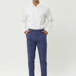 Allegra K Men's Business Checked Trousers Slim Fit Flat Front Plaid Dress Pants