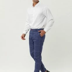 Allegra K Men's Business Checked Trousers Slim Fit Flat Front Plaid Dress Pants