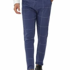 Allegra K Men's Business Checked Trousers Slim Fit Flat Front Plaid Dress Pants