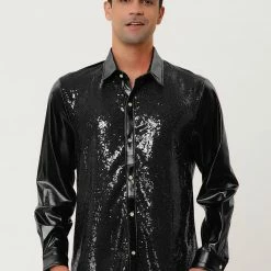 Allegra K Men's Shiny Sequins Shirt Slim Fit Long Sleeves Button Down Disco Party Shirt