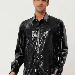 Allegra K Men's Shiny Sequins Shirt Slim Fit Long Sleeves Button Down Disco Party Shirt