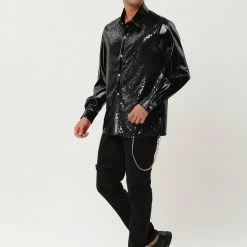 Allegra K Men's Shiny Sequins Shirt Slim Fit Long Sleeves Button Down Disco Party Shirt