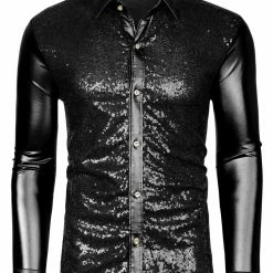 Allegra K Men's Shiny Sequins Shirt Slim Fit Long Sleeves Button Down Disco Party Shirt