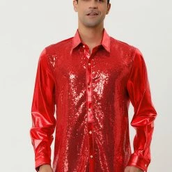 Allegra K Men's Shiny Sequins Shirt Slim Fit Long Sleeves Button Down Disco Party Shirt
