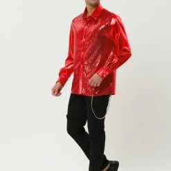 Allegra K Men's Shiny Sequins Shirt Slim Fit Long Sleeves Button Down Disco Party Shirt