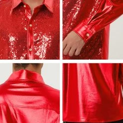 Allegra K Men's Shiny Sequins Shirt Slim Fit Long Sleeves Button Down Disco Party Shirt