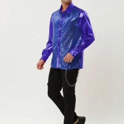 Allegra K Men's Shiny Sequins Shirt Slim Fit Long Sleeves Button Down Disco Party Shirt