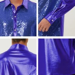 Allegra K Men's Shiny Sequins Shirt Slim Fit Long Sleeves Button Down Disco Party Shirt