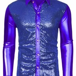 Allegra K Men's Shiny Sequins Shirt Slim Fit Long Sleeves Button Down Disco Party Shirt