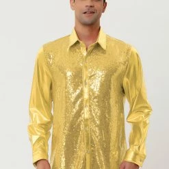 Allegra K Men's Shiny Sequins Shirt Slim Fit Long Sleeves Button Down Disco Party Shirt