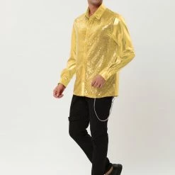 Allegra K Men's Shiny Sequins Shirt Slim Fit Long Sleeves Button Down Disco Party Shirt