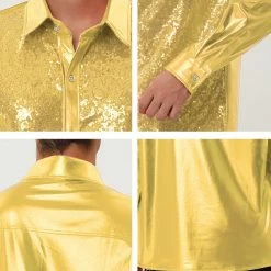 Allegra K Men's Shiny Sequins Shirt Slim Fit Long Sleeves Button Down Disco Party Shirt