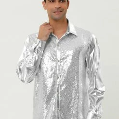 Allegra K Men's Shiny Sequins Shirt Slim Fit Long Sleeves Button Down Disco Party Shirt