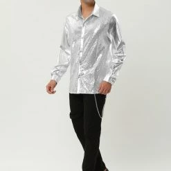 Allegra K Men's Shiny Sequins Shirt Slim Fit Long Sleeves Button Down Disco Party Shirt