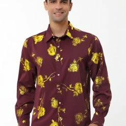 Allegra K Men's Rose Printed Long Sleeved Button Down Prom Floral Dress Shirts