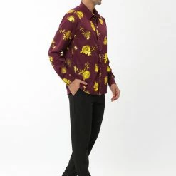 Allegra K Men's Rose Printed Long Sleeved Button Down Prom Floral Dress Shirts