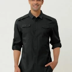 Allegra K Men's Cargo Shirt Long Sleeves Regular Fit Button Down Safari Work Shirts