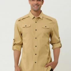 Allegra K Men's Cargo Shirt Long Sleeves Regular Fit Button Down Safari Work Shirts