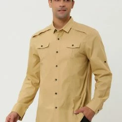 Allegra K Men's Cargo Shirt Long Sleeves Regular Fit Button Down Safari Work Shirts