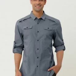 Allegra K Men's Cargo Shirt Long Sleeves Regular Fit Button Down Safari Work Shirts