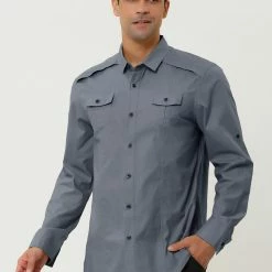 Allegra K Men's Cargo Shirt Long Sleeves Regular Fit Button Down Safari Work Shirts
