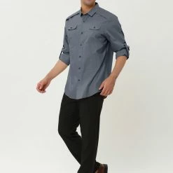 Allegra K Men's Cargo Shirt Long Sleeves Regular Fit Button Down Safari Work Shirts