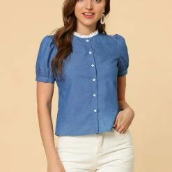 Allegra K Women's Lace Trim Button Front Classic Denim Jeans Tops 12 Allegra K Women's Lace Trim Button Front Classic Denim Jeans Tops