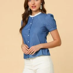 Allegra K Women's Lace Trim Button Front Classic Denim Jeans Tops 13 Allegra K Women's Lace Trim Button Front Classic Denim Jeans Tops