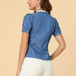 Allegra K Women's Lace Trim Button Front Classic Denim Jeans Tops 14 Allegra K Women's Lace Trim Button Front Classic Denim Jeans Tops