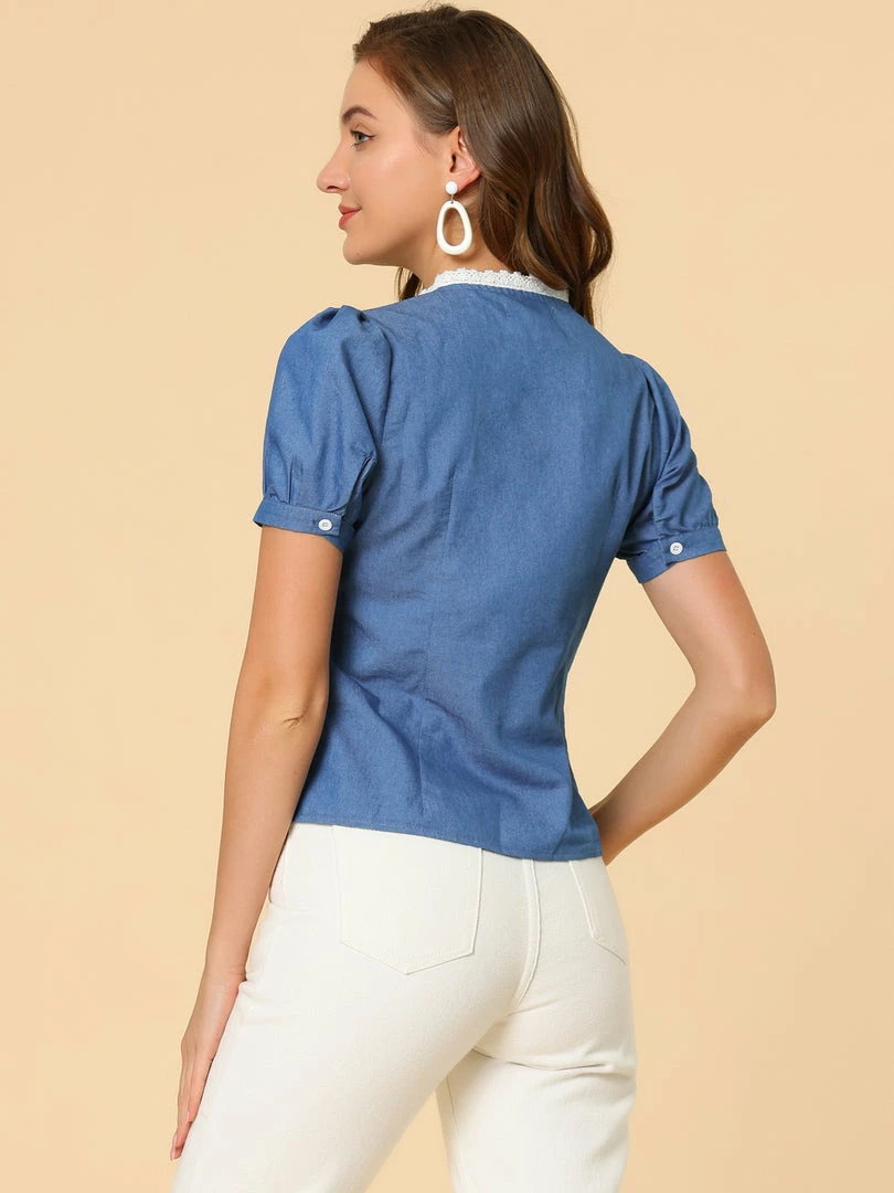 Allegra K Women's Lace Trim Button Front Classic Denim Jeans Tops 8 Allegra K Women's Lace Trim Button Front Classic Denim Jeans Tops