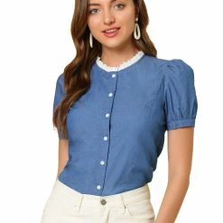 Allegra K Women's Lace Trim Button Front Classic Denim Jeans Tops