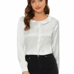 Allegra K Women's Satin Peter Pan Collar Shirt Office Elegant Top Work Blouse